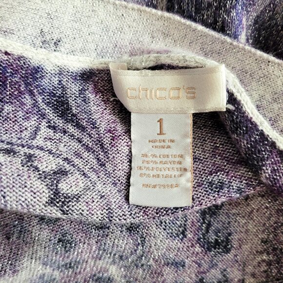Chicos Cardigan Sweater Womens Purple Print Sparkly V Neck Long Cotton Blend - Picture 8 of 8